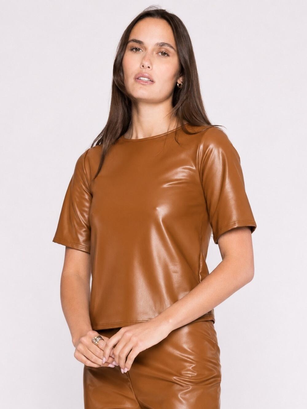 New Ripley Rader Vegan Leather Short Sleeve Top Camel Cognac Brown NWT Size XS